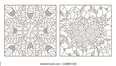 Set of contour illustrations of stained glass Windows, heart with flowers and composition of acorns and oak leaves, dark contours on a white background