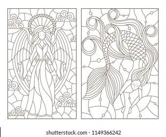 Set of contour illustrations of stained glass Windows with a girl angel and a mermaid, dark contours on a white background