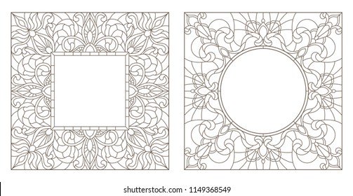 Set contour illustrations of stained glass with floral framework,dark outlines on white background