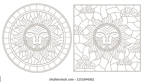 Set contour illustrations of stained glass sun with face, round and square image, dark outline on a white background , isolate