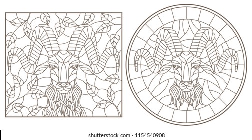 A set of contour illustrations of stained glass Windows with a RAM's head, round and rectangular image, dark contours on a white background