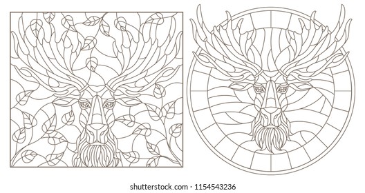 A set of contour illustrations of stained glass Windows with a moose head, round and rectangular image, dark contours on a white background