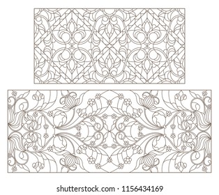 Set contour illustrations of stained glass with abstract swirls and flowers , horizontal orientation