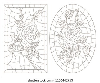 A set of contour illustrations of stained glass Windows with rosees in frames, dark contours on a white background, oval and rectangular image