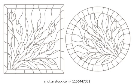 A set of contour illustrations of stained glass Windows with Tulipsin frames, dark contours on a white background, round and rectangular image