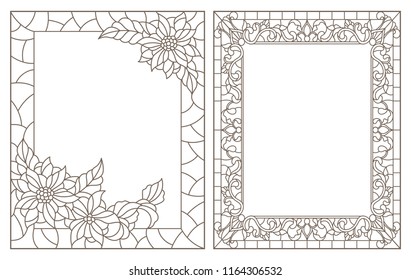 Set contour illustrations of stained glass with floral framework,dark outlines on white background