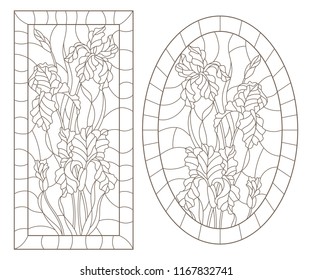 A set of contour illustrations of stained glass Windows with irises in frames, dark contours on a white background, oval and rectangular image