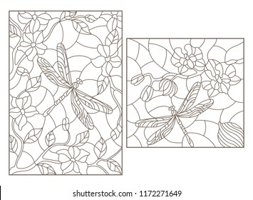 Set of contour illustrations in stained glass style with flowers and dragonflies, dark outlines on white background