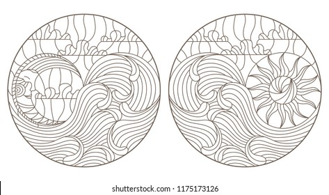 Set of contour illustrations of stained glass Windows with moon, sun and waves on sky background, round images, dark outlines on white background