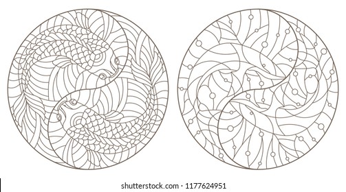 Set of contour illustrations of stained glass Windows with fish in the sign Yin Yang, sharks and crucians, dark contours on a white background