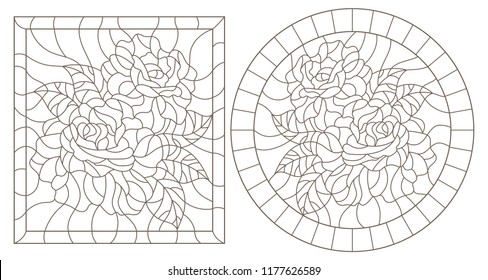 A set of contour illustrations of stained glass Windows with rosees in frames, dark contours on a white background, round and rectangular image