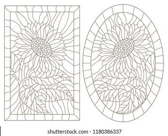 A set of contour illustrations of stained glass Windows with sunflowers in frames, dark contours on a white background, oval and rectangular image