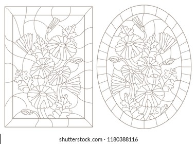 A set of contour illustrations of stained glass Windows with daisys in frames, dark contours on a white background, oval and rectangular image