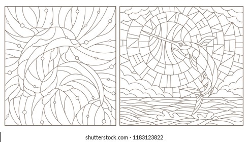 Set of contour illustrations of stained glass Windows with fish, dolphins and fish sword, dark contours on white background