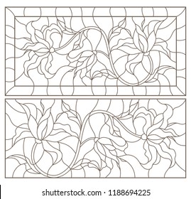 Set of contour illustrations of stained glass Windows with branches of Lily flowers, dark contours on a white background