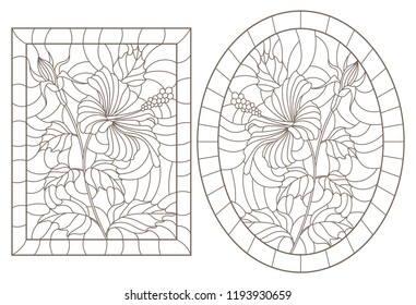 A set of contour illustrations of stained glass Windows with hibiscus in frames, dark contours on a white background, oval and rectangular image