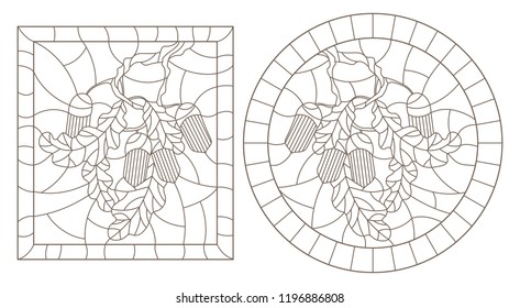 Set of contour illustrations in stained glass style with oak branch, acorns and leaves on a background in a frame, round and rectangular image