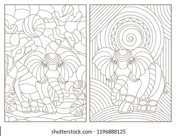 Set of contour illustrations of stained glass Windows with elephants, dark contours on a white background