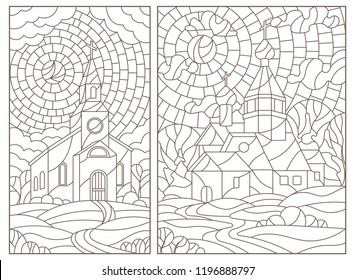 Set of contour illustrations in stained glass style with Christian churches on landscape background, dark contours on white background