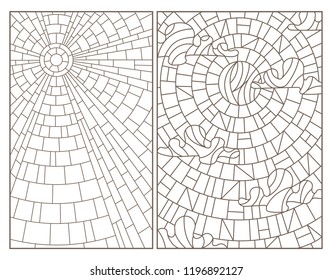 Set of contour illustrations in stained glass style with abstract celestial landscapes, dark contours on white background