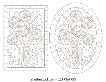 A set of contour illustrations of stained glass Windows with  Taraxacums in frames, dark contours on a white background, oval and rectangular image