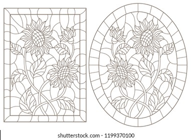 A set of contour illustrations of stained glass Windows with sunflowers in frames, dark contours on a white background, oval and rectangular image