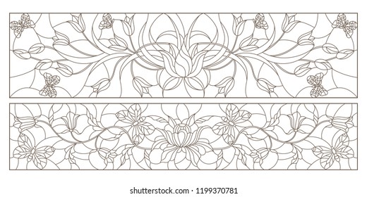 Set of contour illustrations in stained glass style with tulips, bells and butterflies, horizontal images, dark contours on a white background