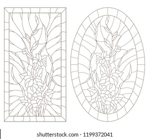 A set of contour illustrations of stained glass Windows with gladiolus in frames, dark contours on a white background, oval and rectangular image