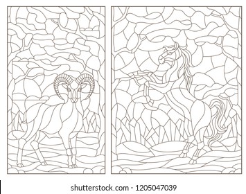 Set of contour illustrations of stained glass Windows with wild sheep and horse on a background of forest landscape, dark contours on a white background