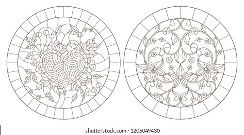 Set of contour illustrations of stained glass with flowers and heart, round images in frames, dark contours on white background