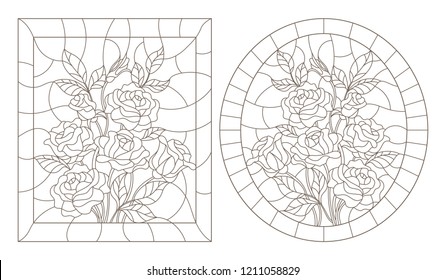 A set of contour illustrations of stained glass Windows with rosees in frames, dark contours on a white background, oval and rectangular image