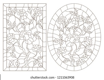 A set of contour illustrations of stained glass Windows with rosees in frames, dark contours on a white background, oval and rectangular image