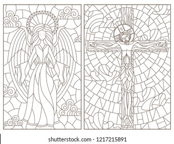 Set of contour illustrations of stained glass Windows on religious theme, Jesus Christ and angel, dark contours on white background