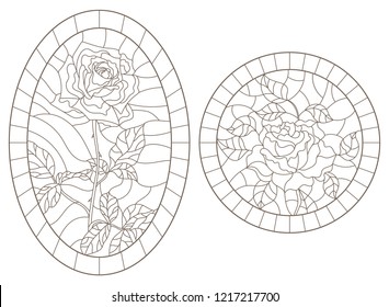 A set of contour illustrations of stained glass Windows with rosees in frames, dark contours on a white background, round and oval image