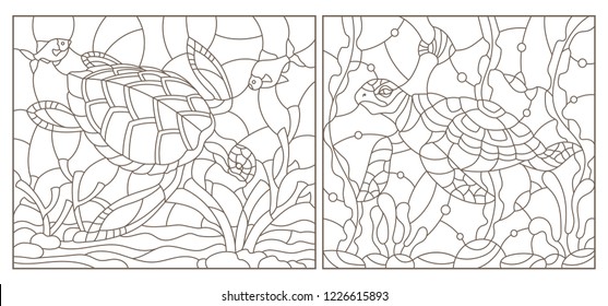 Set of contour illustrations of stained glass Windows with turtles on the background of the seabed, dark contours on a white background