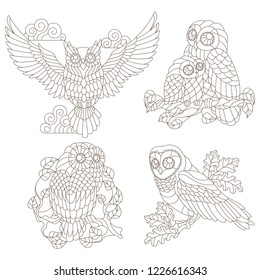 Set of contour illustrations of stained glass elements with owls sitting on tree branches, dark contours on a white background