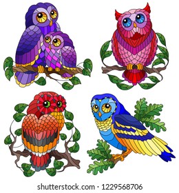 Set of contour illustrations of stained glass elements with owls sitting on tree branches, owls and branches with leaves isolated on white background
