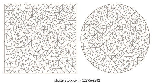 Set of contour illustrations of stained glass with abstract hearts, round and rectangular image, dark contours on a white background