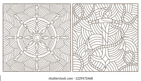 Set of contour illustrations of stained glass Windows on the marine theme, ship anchor with rope and steering wheel on the background of waves, dark contours on a white background