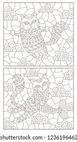 Set of contour illustrations of stained glass Windows with cute cartoon cats on a cloud background, dark contours on a white background