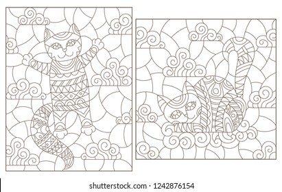 Set of contour illustrations of stained glass Windows with cute cartoon cats on a cloud background, dark contours on a white background