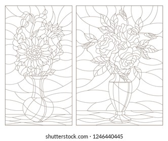 Set of contour illustrations of stained glass Windows with floral still lifes, bouquets of sunflowers and roses in vases, dark contours on a white background