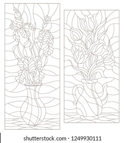 Set of contour illustrations of stained glass Windows with floral still lifes, bouquets of irises and tulips in vases, dark contours on a white background