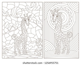 Set of contour illustrations of stained glass Windows with lions, dark contours on a white background