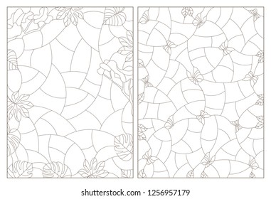 Set of contour illustrations of stained glass with abstract backgrounds, tropical plants and butterflies, dark contours on white background