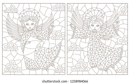 Set of contour illustrations of stained glass Windows with cute angels on a cloud sky background, dark contours on a white background