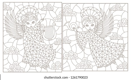 Set of contour illustrations of stained glass Windows with cute angels on a cloud sky background, dark contours on a white background