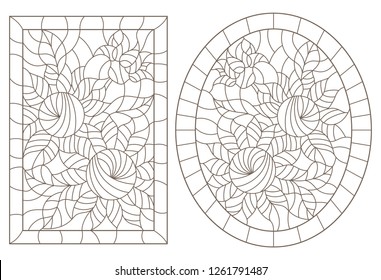 A set of contour illustrations of stained glass Windows with sunflowers in frames, dark contours on a white background, oval and rectangular image