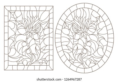 Set of contour illustrations of stained glass with flowers, dark contours on a white background, rectangular and oval images