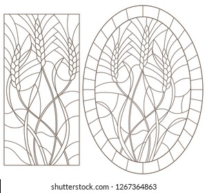 Set Of Contour Illustrations Of Stained Glass With Wheat Germ, Oval And Rectangular Image, Dark Contours On A White Background